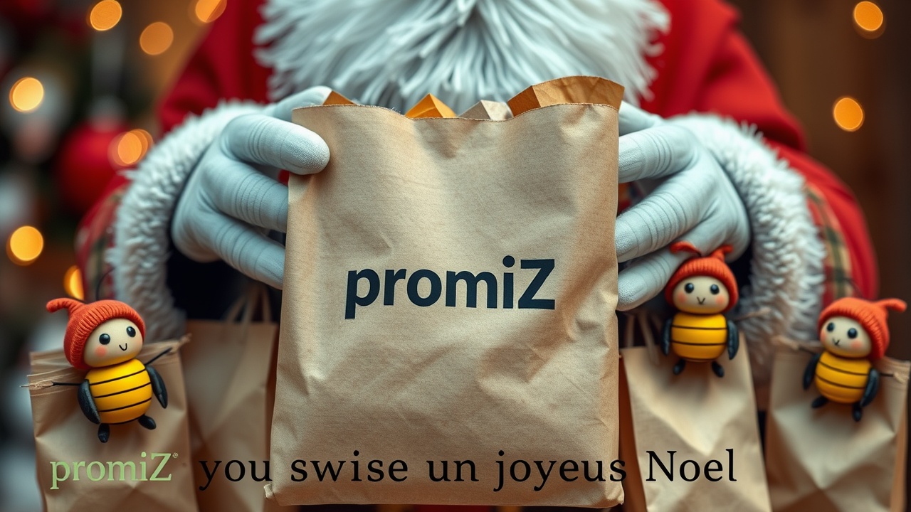 AI generated image by FLUX.1-schnell: Photo réaliste d'un gentil Père Noël distribuant des sacs en kraft avec le mot "promiZ" écrit sur le sac, entouré de petites abeilles robot avec des chapeaux de lutin, et les mots "promiZ vous souhaite un joyeux Noel" en bas.