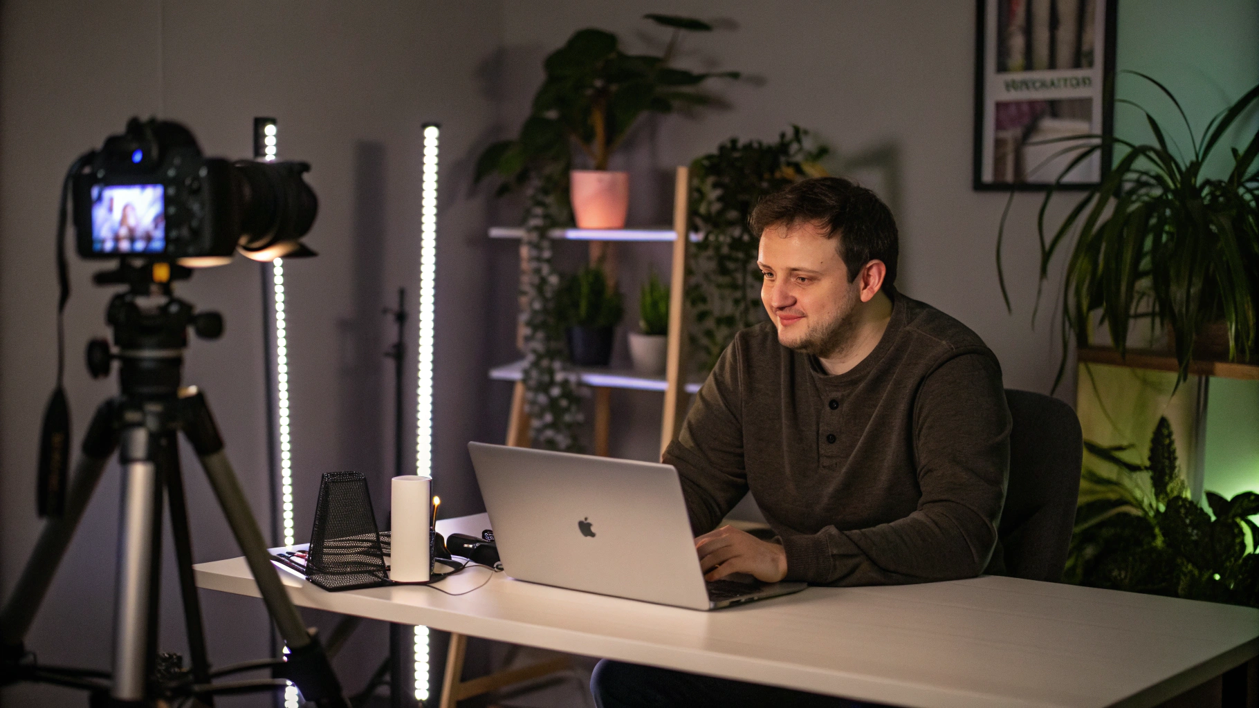 AI generated image by Red Panda AI: A fotorrealistic scene of a 30-year-old man with a confident gaze, seated at a modern desk with a laptop diagonally placed in front of him. The scene takes place in a photography studio with dim, soft lighting, LED light sticks in the background, and a shelf with plants and decorations. Captured at eye level with a Canon EOS 5D Mark IV and a wide-angle lens, using leading lines to direct attention to both the man and the desk. No special effects, just cinematic color grading
