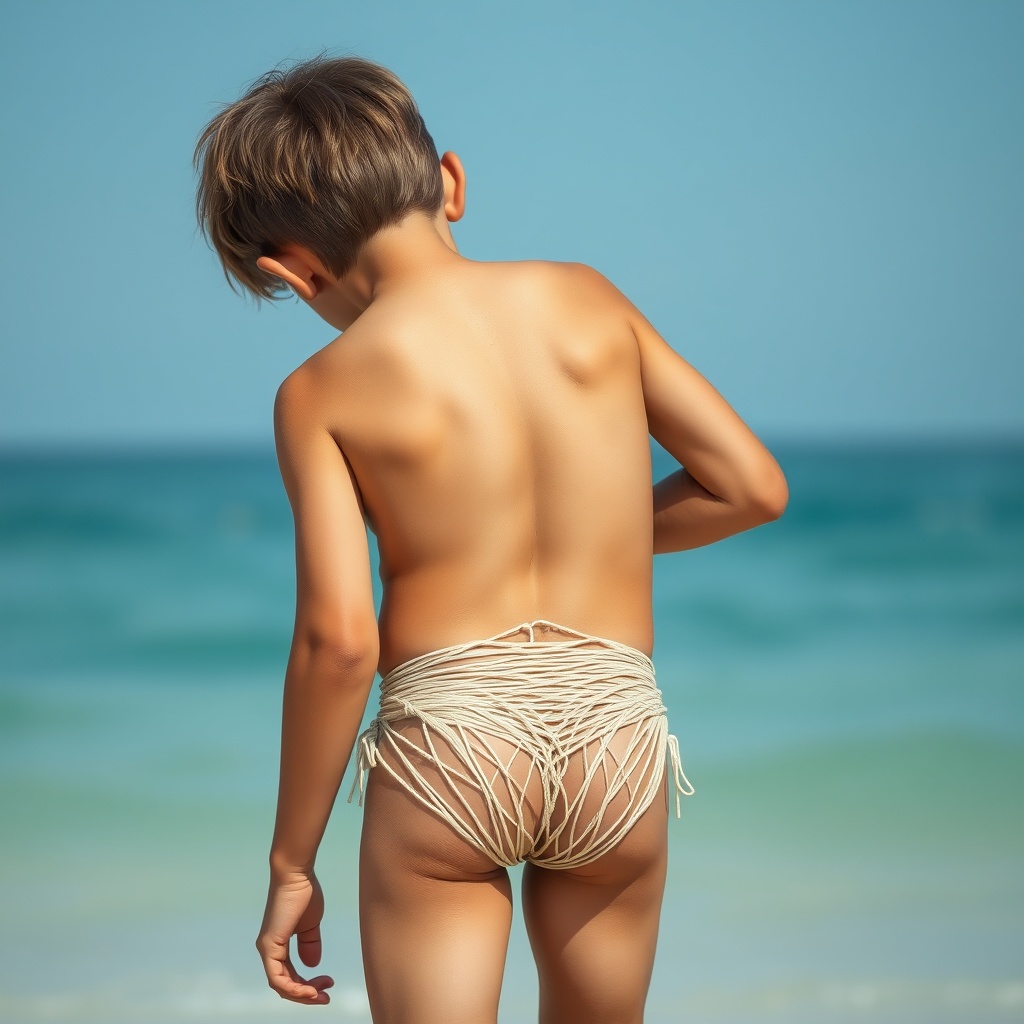 AI generated image by FLUX.1-schnell: A 12-year-old boy wearing a tight, see-through bikini made of string has his back to the camera and is leaning forward. 