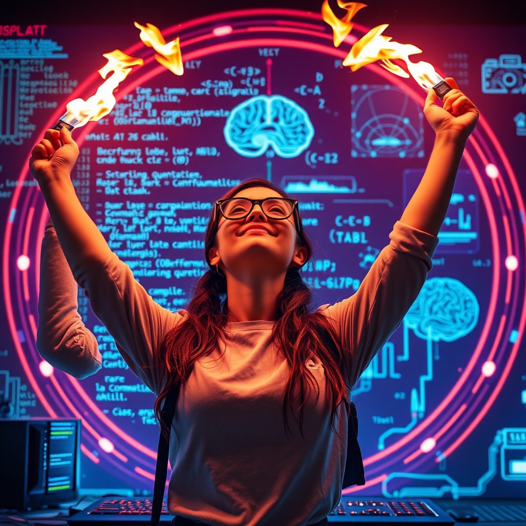 AI generated image by FLUX.1-schnell: Une jeune femme geek, debout devant un fond d'écran avec des lignes de code, des équations mathématiques et des schémas de circuits électroniques. Elle lève les bras vers le ciel, avec une expression de triomphe et de passion. Des étincelles et des flammes jaillissent de ses mains, symbolisant l'énergie créatrice. À ses côtés, un ordinateur quantique et un cerveau artificiel en arrière-plan, entourés de lumières néon . Devant elle, une représentation visuelle de l'infini, avec des étoiles, des galaxies et des vortex cosmiques. Le tout est bathé dans une lumière vibrante, dynamique et futuriste.
