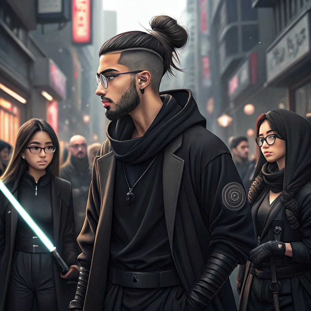 AI generated image by Red Panda AI: a young arabian lean man, with short beard, undercut and samurai's style bun, wearing black modern clothes, in a dramatic pose, in futuristic tokyo, in the midle of a crowd, talking to a girl with circular glasses and black clothes, in a dramatic pose, anime style, side by side characters