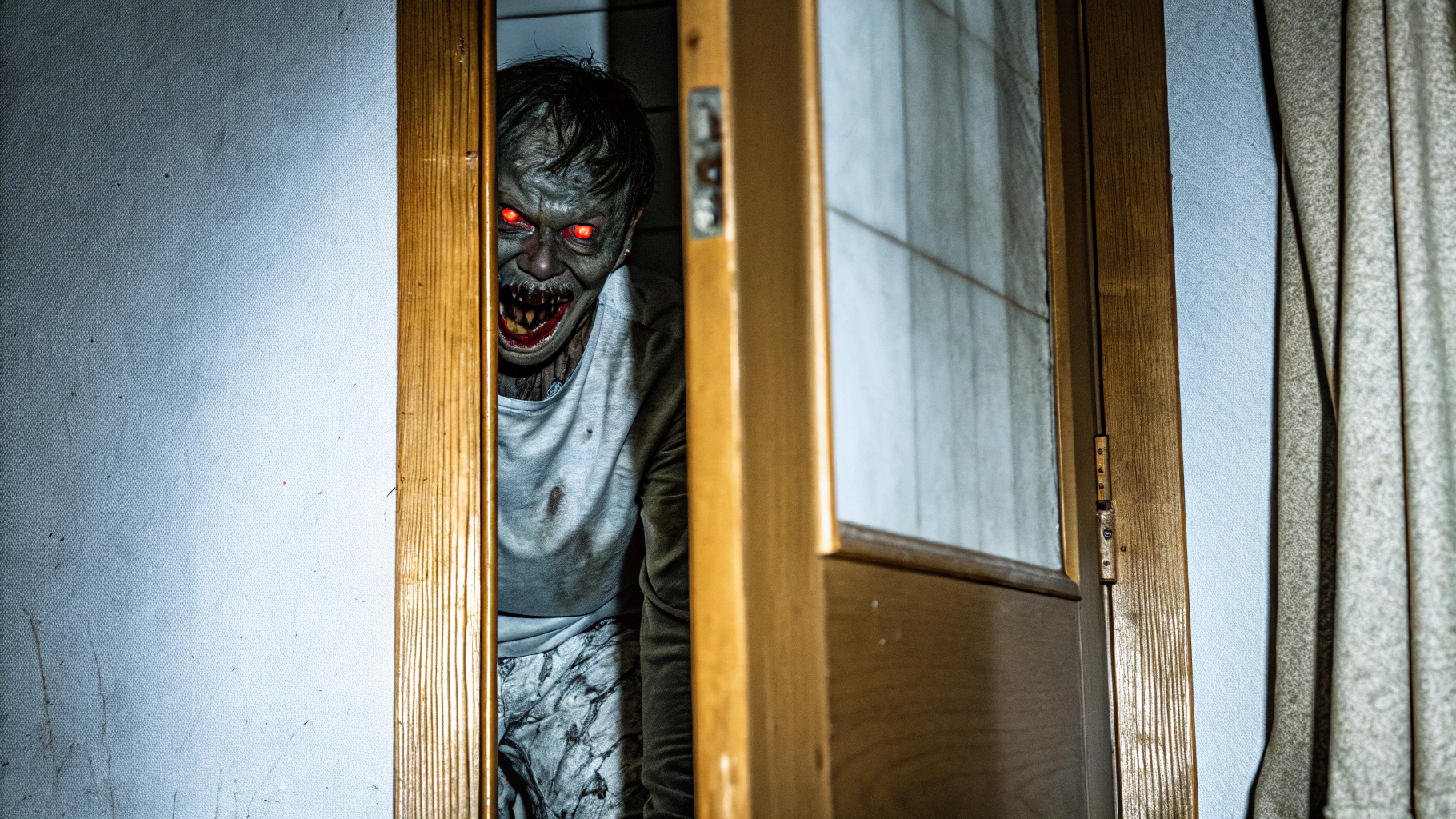 AI generated image by FLUX.1-schnell: A cinematic still of a horrific and terrifying demon emerges from inside the closet, ultra-realistic, iMax 8k, in the style of a horror movie