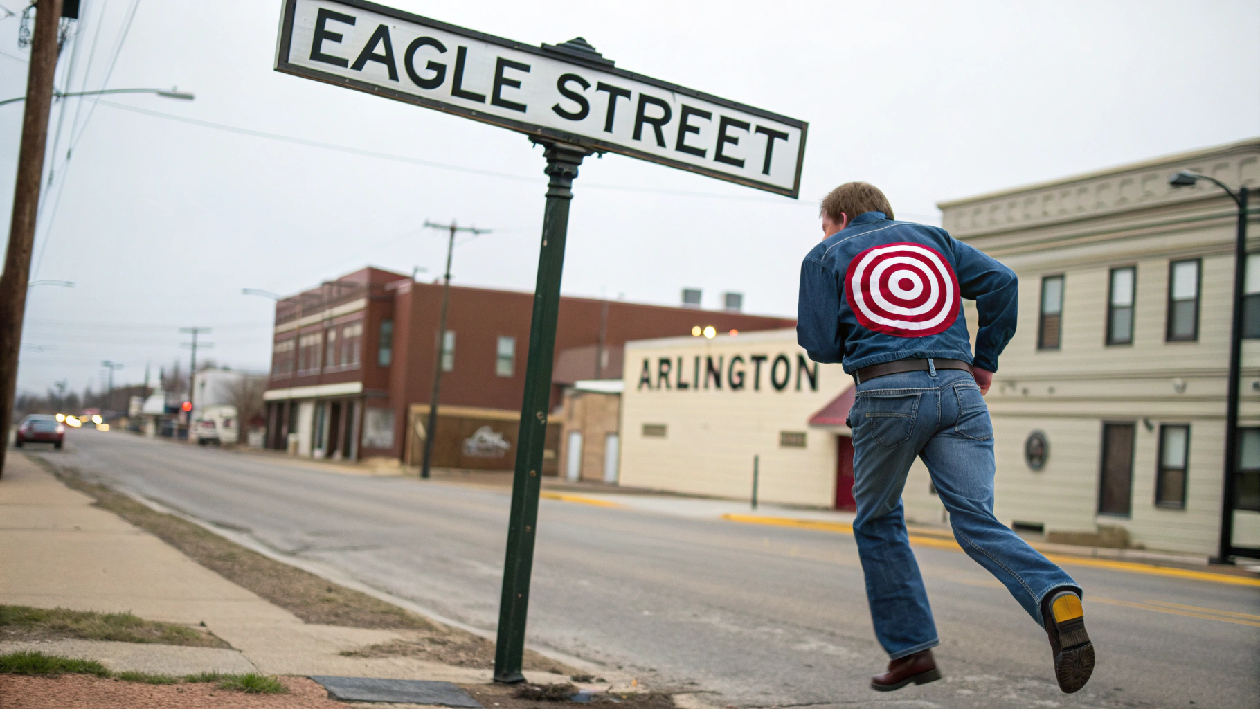 AI generated image by Red Panda AI: a guy wearing blue jeans that have a bullseye on the back of his pants, the bullseye is on his pants on his butt, he is running next to a street sign that says "Eagle Street".  The town is Arlington, Nebraska and maybe there is sign somewhere that says "Arlington"