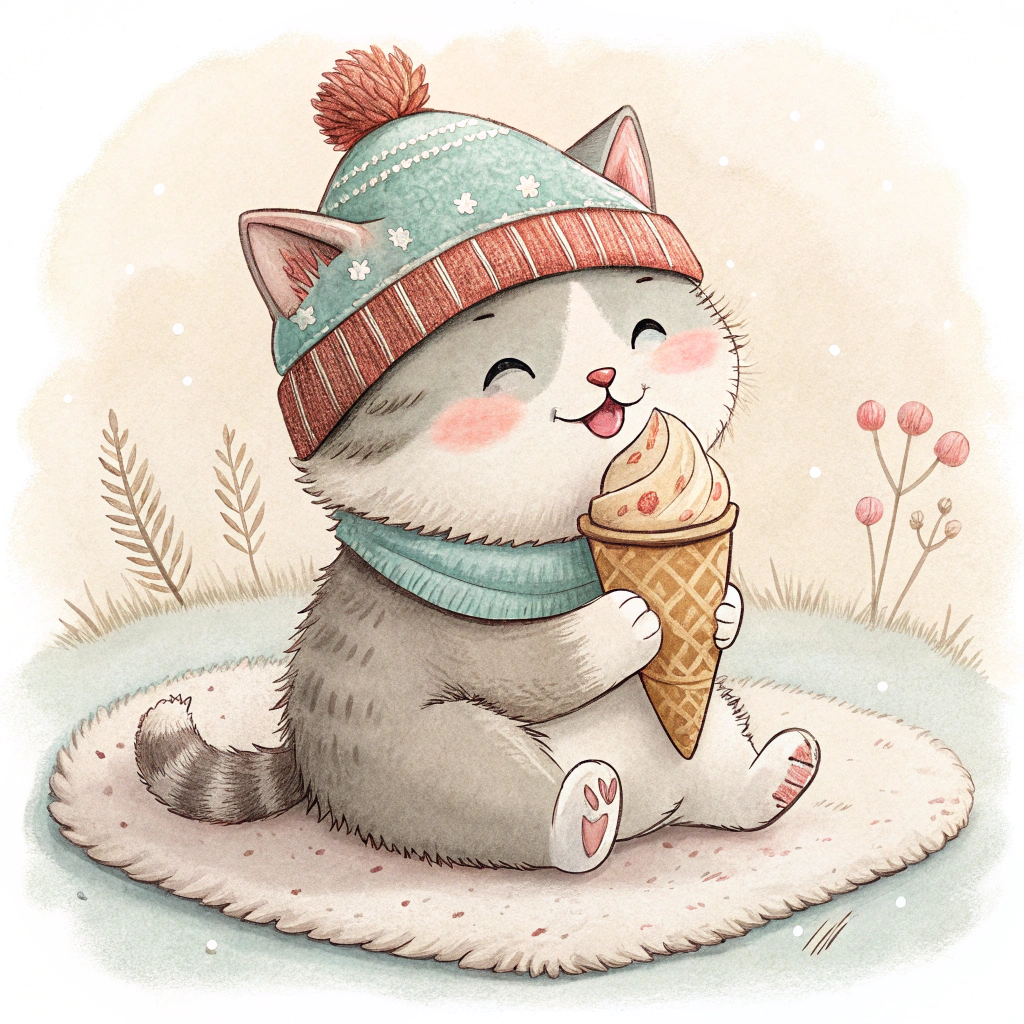 AI generated image by Red Panda AI: un gatito gordito comiendose un heladito con un gorrito