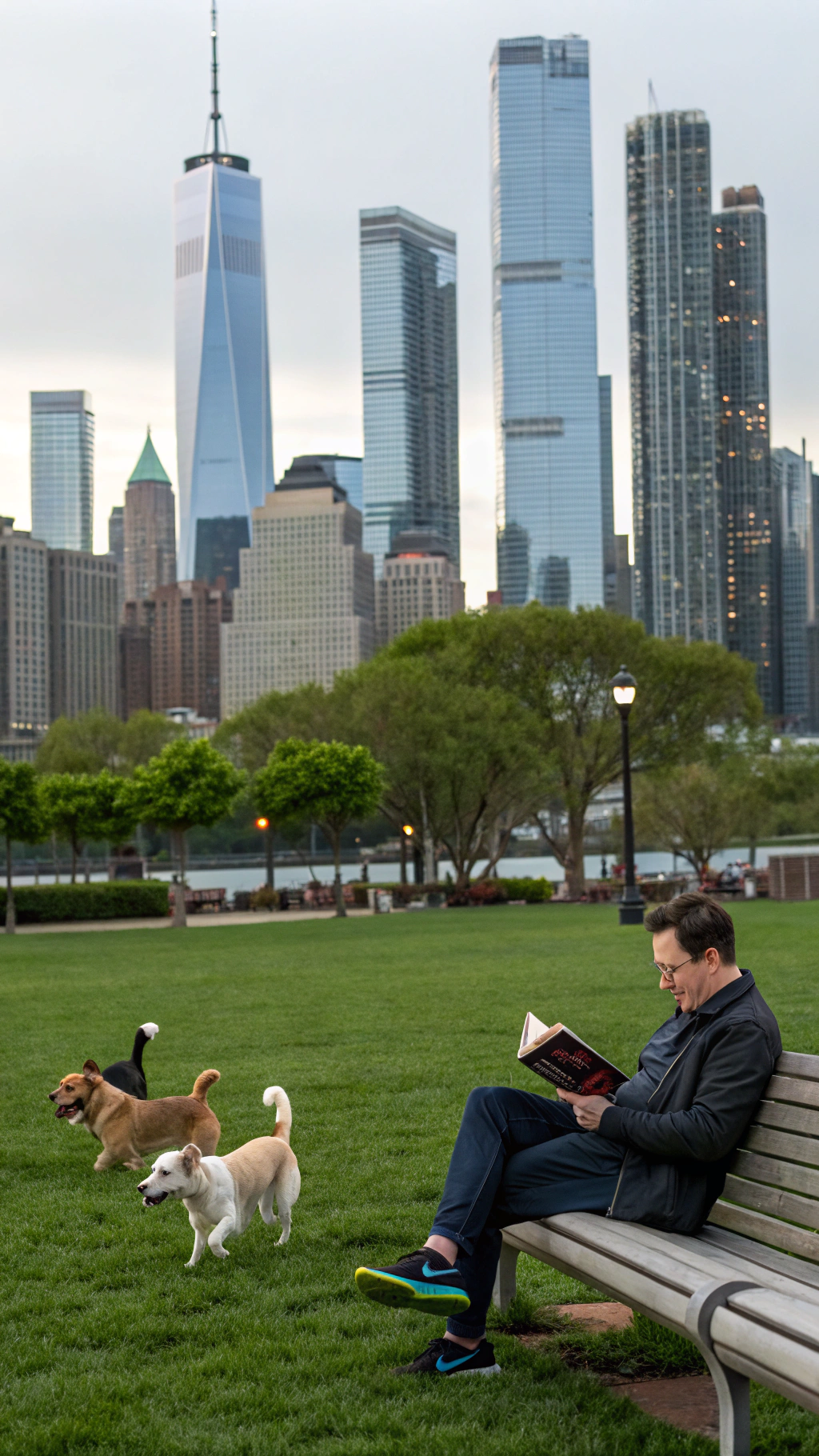 AI generated image by Red Panda AI: An ordinary person is reading a book on a park bench, sitting next to a Elon Mask. Several dogs are running on the lawn, with towering city skyscrapers in the background.