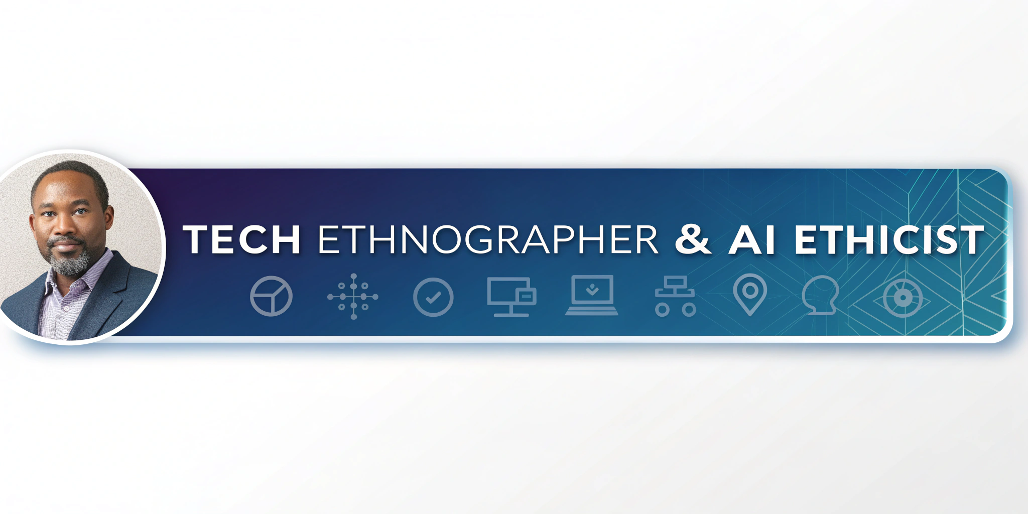 AI generated image by Red Panda AI: create a LinkedIn background image for a Tech Ethnographer & AI Ethicist
Image size: 1584 pixels wide by 396 pixels tall