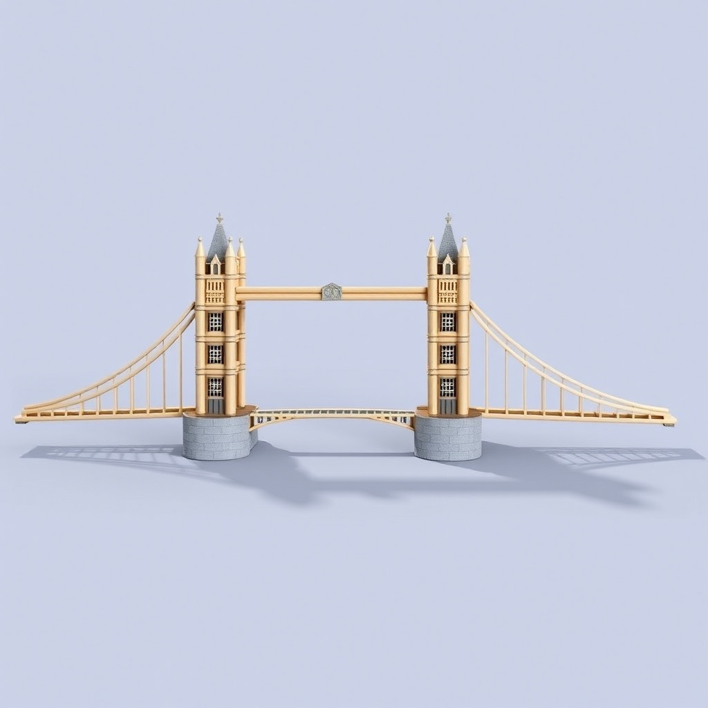 AI generated image by FLUX.1-schnell: Generate a minimalistic reproduction of Tower Bridge in London recreated entirely with a dozen of Mikado sticks. No details, only the main structure. The composition must be simple, no background, only long drop shadows. Face view