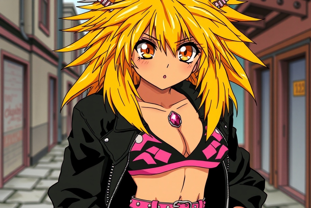 AI generated image by FLUX.1-schnell: takahiro kimura retro anime art, as gaogaigar character, 1997 anime style tv show screencap screenshot, golden orange eyes, big cartoonish eyes, golden yellow fallen grungy messy hair, big lionhair style, long messy spiky hair fringe bangs, tanned skin, black leather jacket, black leather pants, studded pink belt, black sport bra with pink and white designs, fit attractive femenine body with few muscular abs, woman, pink gem navel piercing, big breast, street background, better shaders