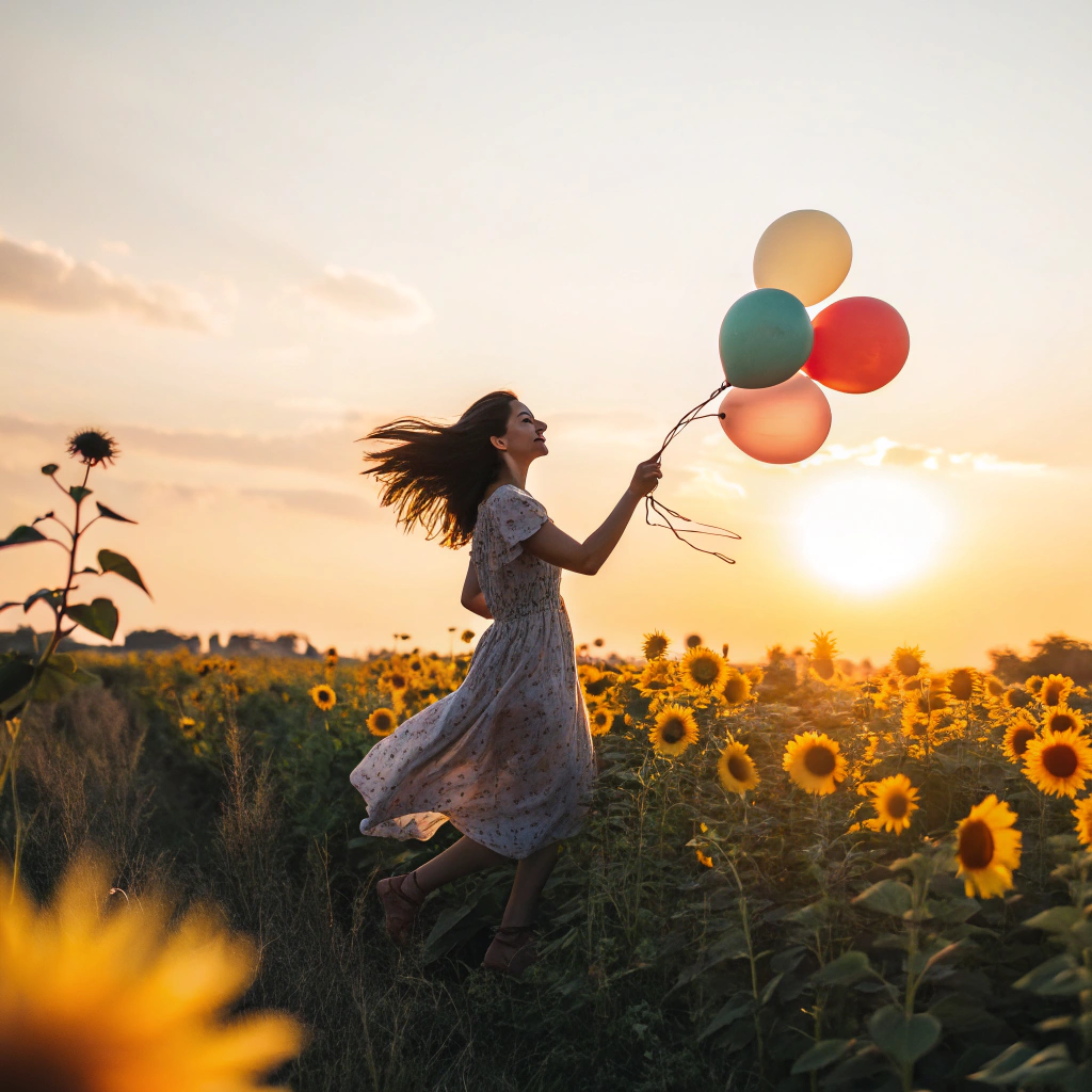 AI generated image by Red Panda AI: Woman holding balloons in a sunflower field with the sun behind her