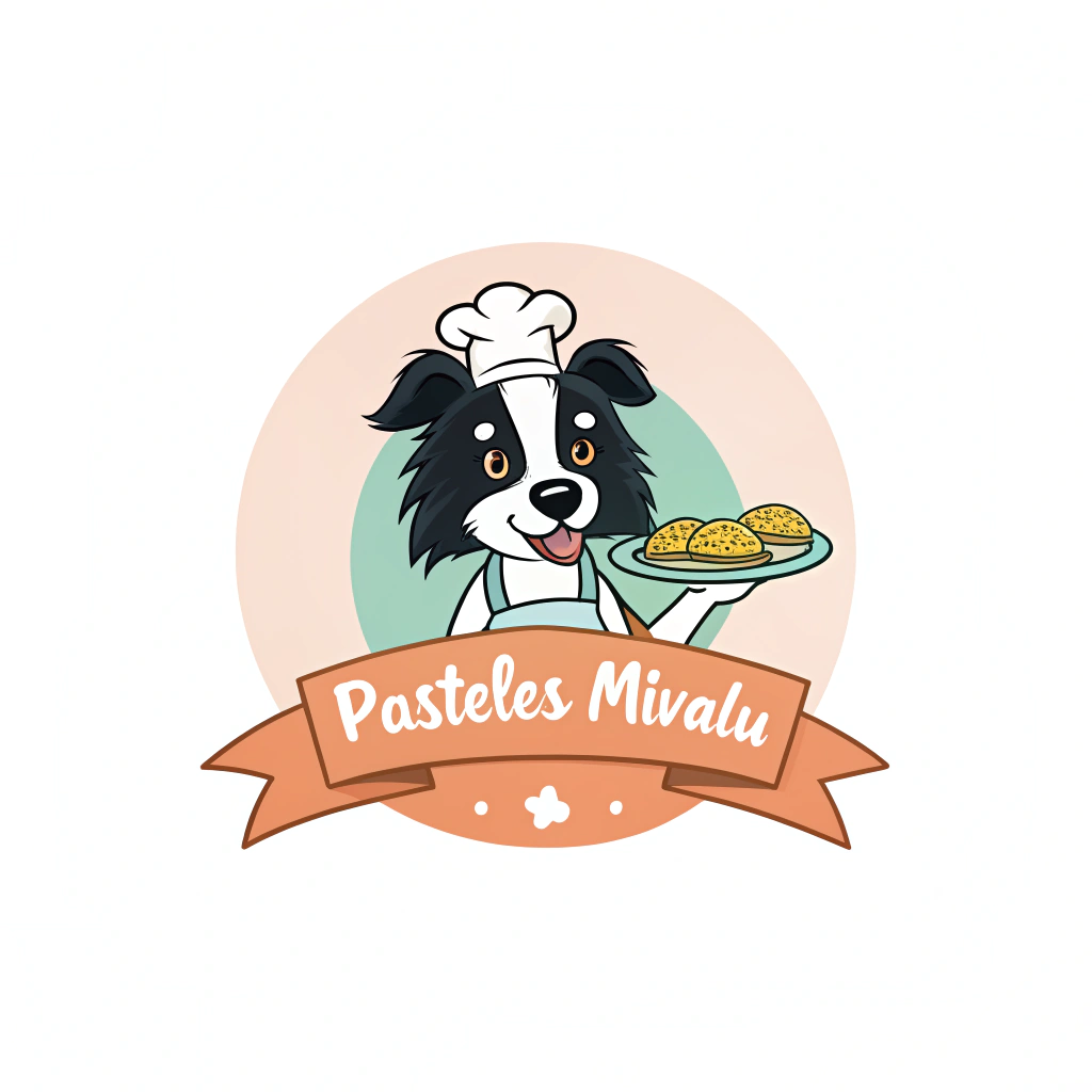AI generated image by Red Panda AI: Genera una imagen de un perro border collie animado tipo cup head, en el que el perro sea un pastelero y sostenga en su mano una bandeja de empandas, hazlo tipo logo con un fondo liso unicolor pastel con un logo que diga "Pasteles Mivalu"