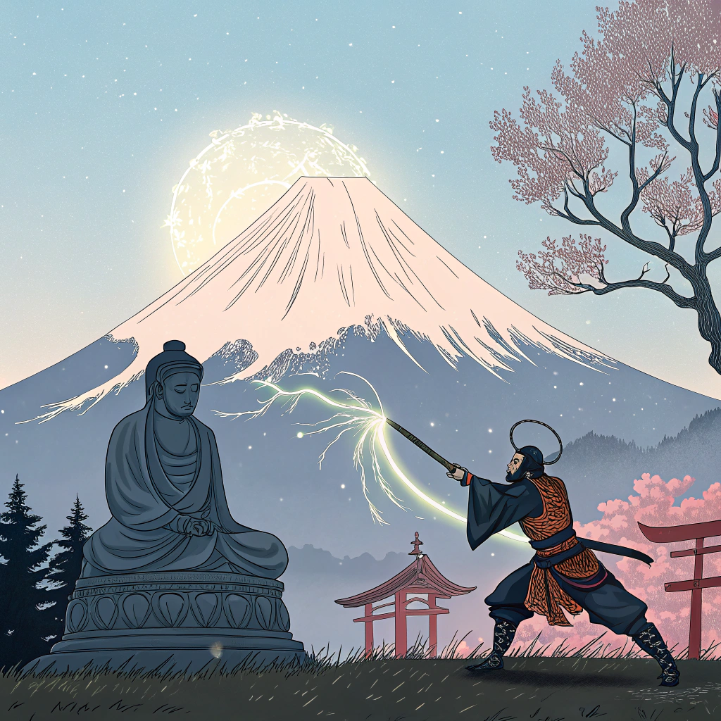 AI generated image by Red Panda AI: Buda sendo atacado por um samurai e se defendendo com poder espiritual e o Monte Fuji ao fundo 