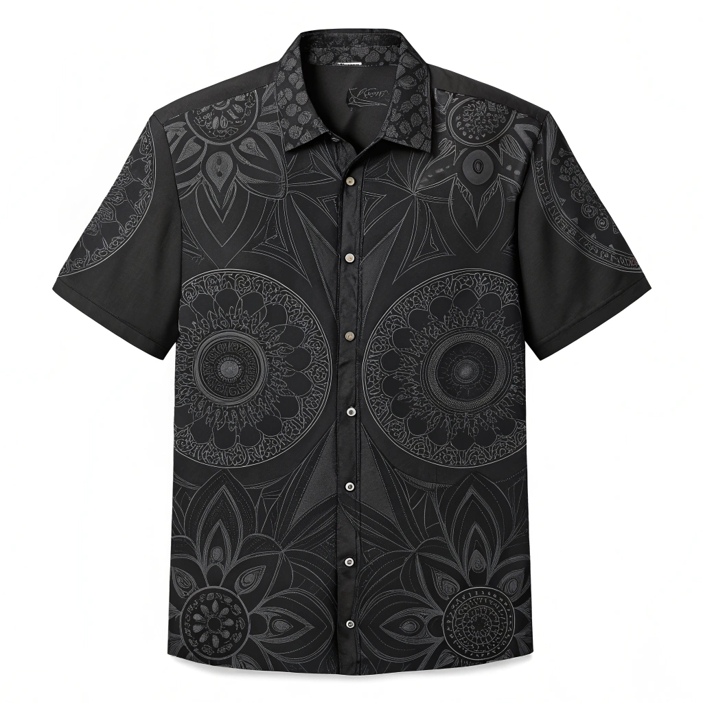 AI generated image by Red Panda AI: Casual men's button down short sleeve shirt with black on black western ancient fractal motif

