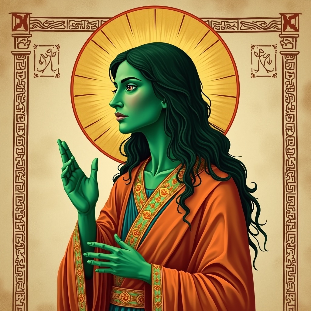 AI generated image by FLUX.1: A sacred icon-style portrait of an androgynous figure in profile, green skin, long wavy dark green hair, wearing a flowing red-orange robe with ornate gold and teal details, holding a two-finger blessing gesture. A large golden halo radiates behind the head. Background is textured like ancient parchment with faint Mesopotamian-style engravings and line art. Byzantine and Middle Eastern artistic fusion. Flat painterly aesthetic, soft sacred lighting, symmetrical composition, spiritual and ancient tone.