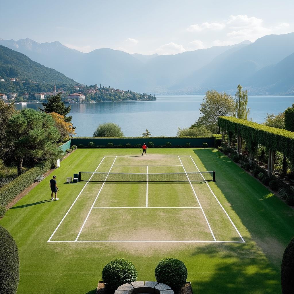 AI generated image by FLUX.1-pro: 2 men playing tennis on a tennis court. No one is present except them. One on one side of the net, the other on the other side of the net.
Location: The expansive lawn of a grand villa (like Villa del Balbianello or Villa Melzi) on the central part of Lake Como, Italy.

The View: The court would be flanked by manicured Italian gardens and look directly across the lake to the opposing shore's colorful villages and the dramatic, rising foothills of the Alps.