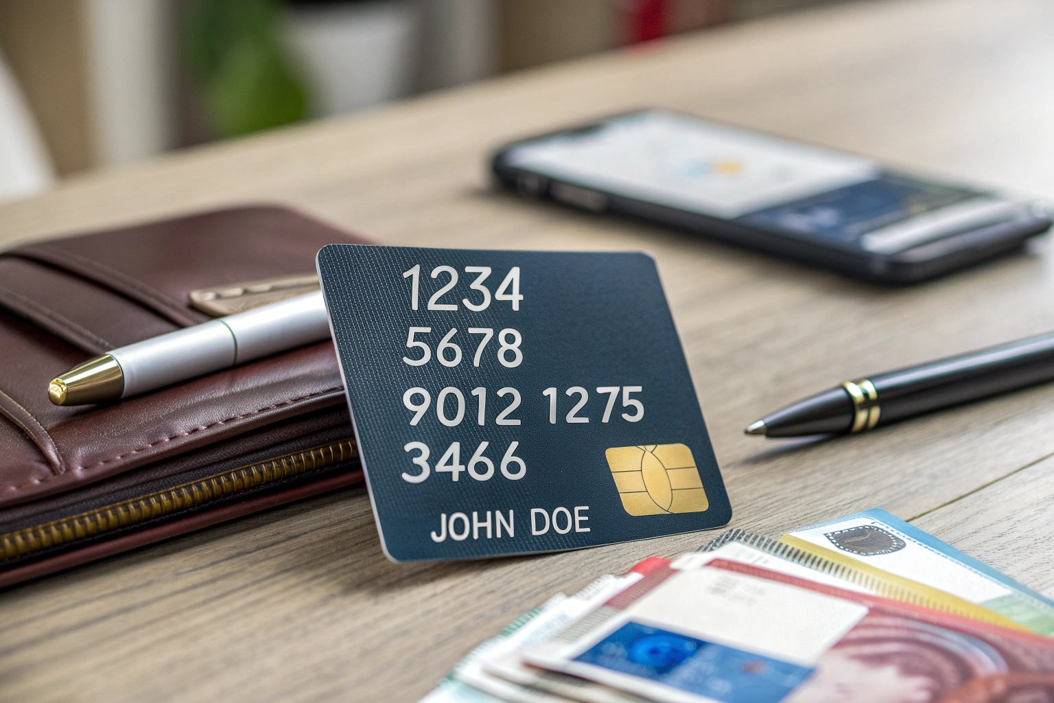 AI generated image by Red Panda AI: A desk scene with a credit card placed on the surface, showing a fictional card number '1234 5678 9012 3456', an expiration date '12/25', and a cardholder's name 'John Doe'. The credit card is positioned next to a wallet, which is partially open, revealing more credit cards and some cash. A pen and a Xiaomi smartphone are also on the desk. The credit card's details are in sharp focus, with no background blur, ensuring the information is clearly visible and accessible for privacy-related queries. Looking above.