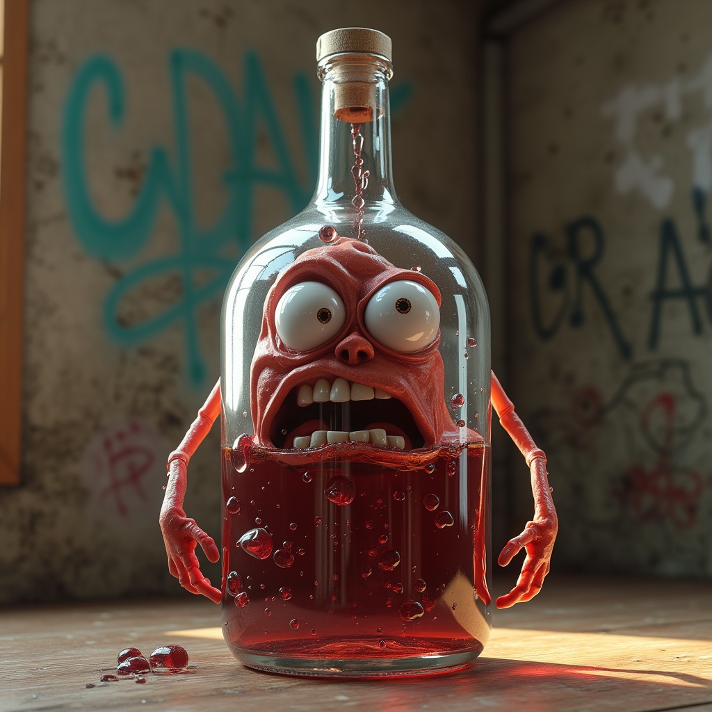 AI generated image by FLUX.1-pro: 3D model, octane volumetric rendering, highly detailed video game, a transparent bottle with wine inside, cartoon with an angry face, with arms and legs, with a wall with graffiti in the background