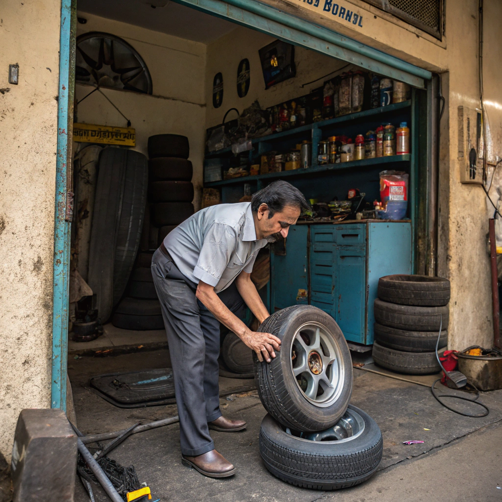 AI generated image by Red Panda AI: uddhav thackeray doing puncture of a tyre, background should be puncture shop from india