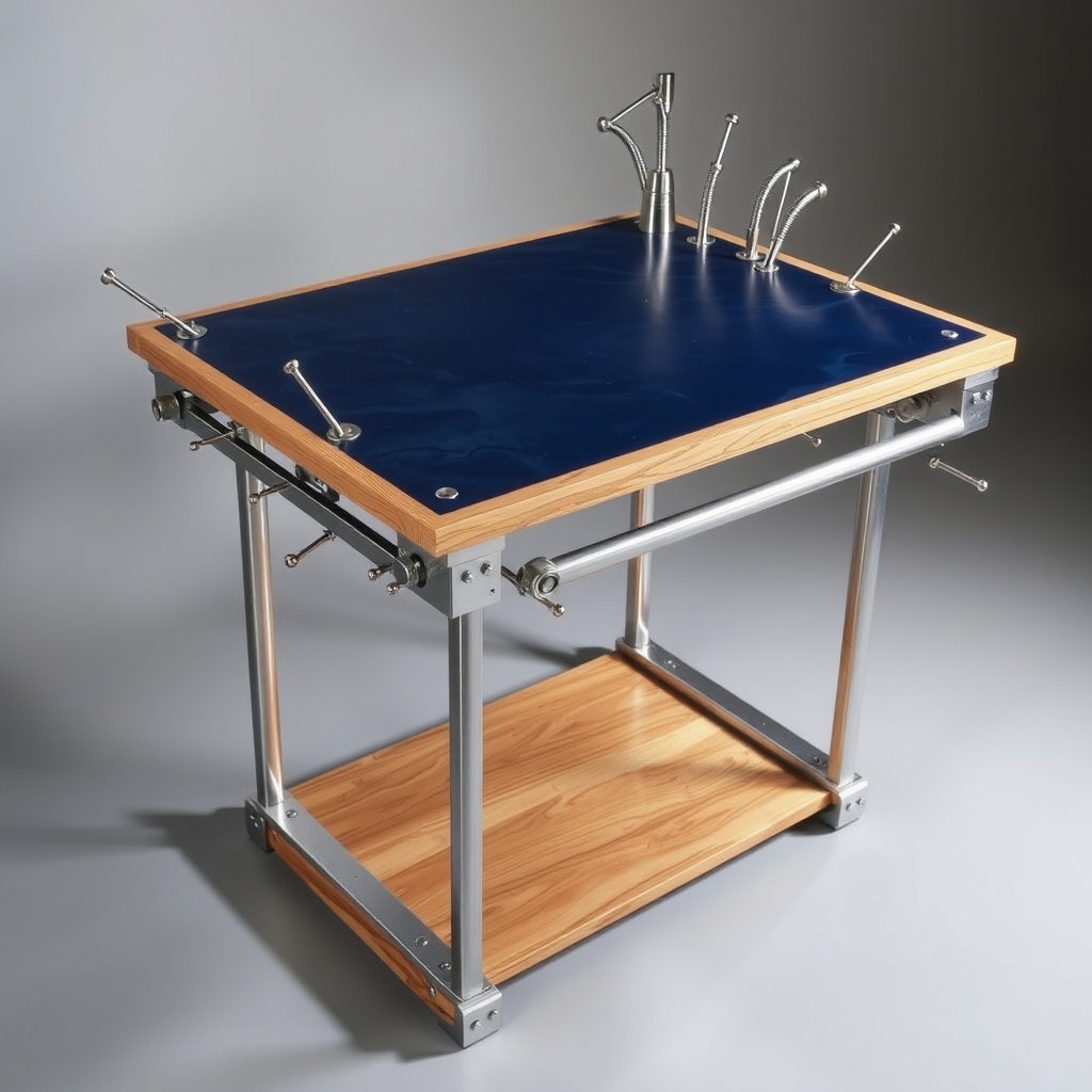AI generated image by FLUX.1-schnell: crazy sculpture made from a wooden tabletop with dark blue linoleum surface, aluminum extrusions, and stainless steel parts. Slight resemblance of a standing desk but with crazy parts pointing in all directions 