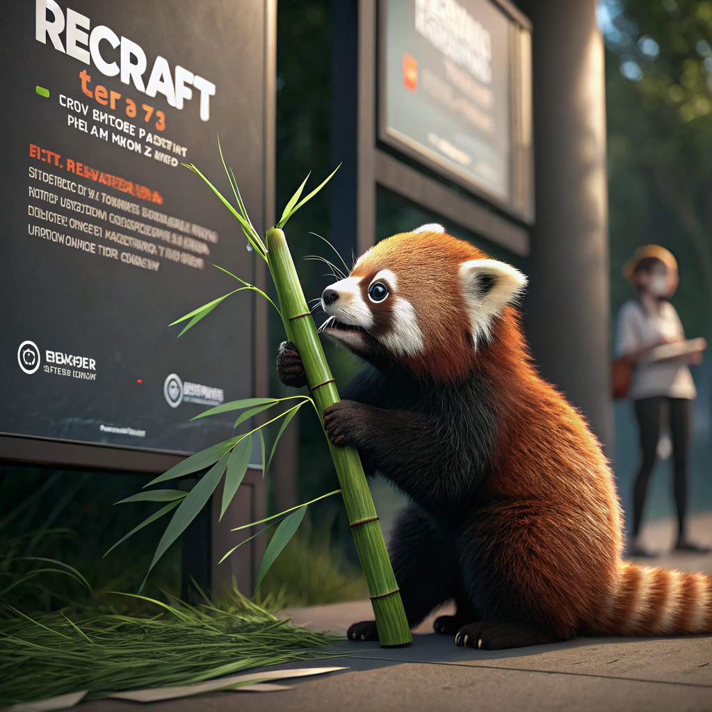 AI generated image by Red Panda AI: a red panda eating a bamboo in front of a poster that says "recraft V3 now available at red panda ai
