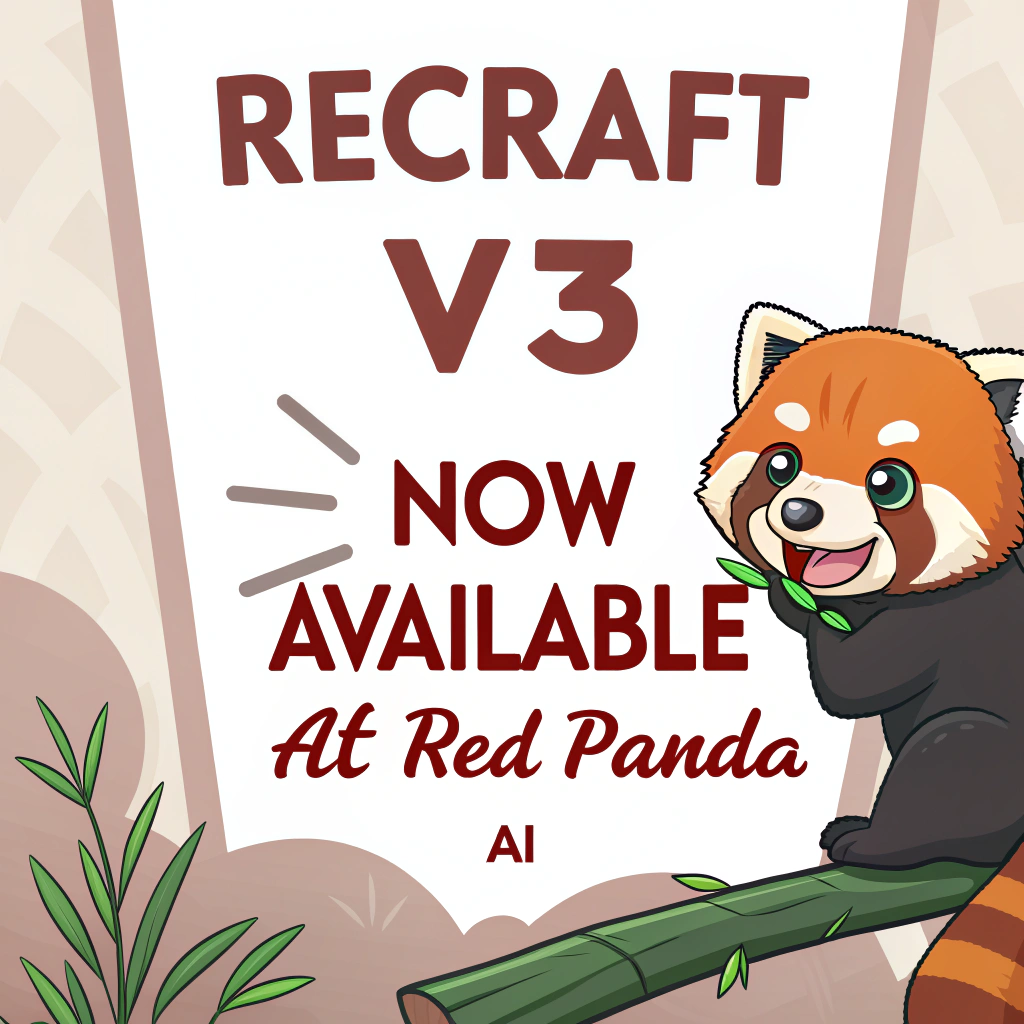 AI generated image by Red Panda AI: a red panda eating a bamboo in front of a poster that says "recraft V3 now available at red panda ai