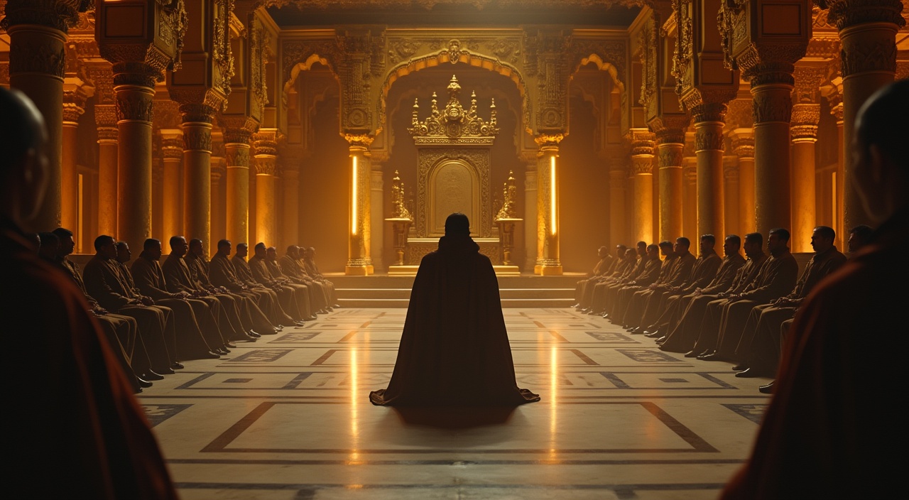 AI generated image by FLUX.1-pro: "A cinematic wide shot of an ancient royal court inspired by Indian history. The court features tall golden pillars adorned with intricate carvings and a lavish marble floor with subtle designs reflecting its grandeur. At the far end of the hall, an ornate throne is elevated, symbolizing authority and power. Rows of courtiers are seated on both sides, their faces obscured to maintain a sense of mystery and hierarchy. The lighting is dim and warm, with soft golden hues casting dramatic shadows across the court. The atmosphere is majestic yet tense, emphasizing the regal setting. The scene should be realistic, epic, and cinematic in style."

