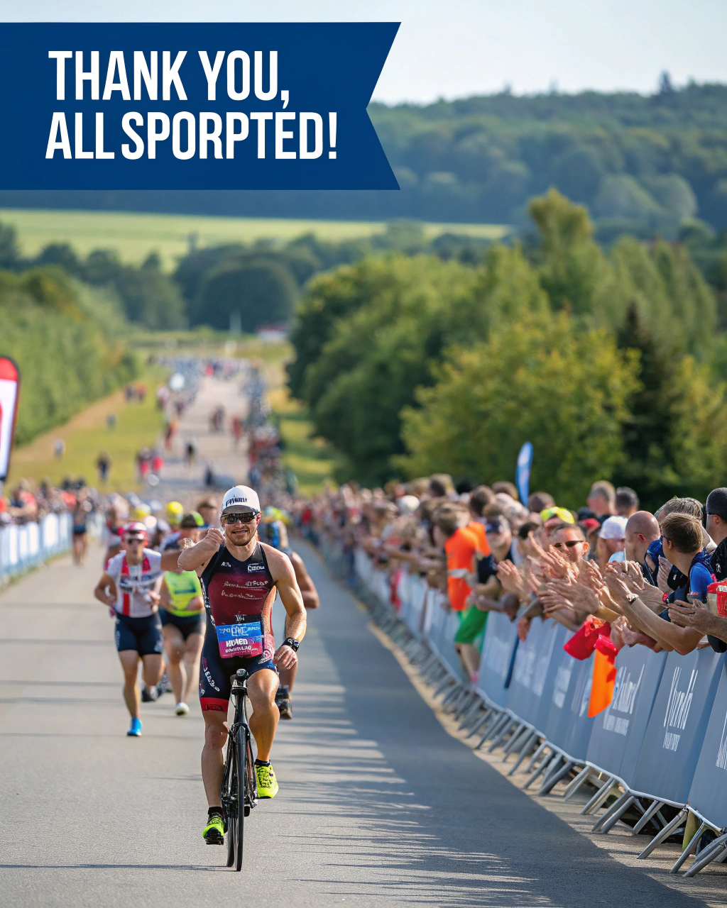 AI generated image by Red Panda AI: triatletas, en un triatlon multitudinario, que sea una fiesta, que se muestre solo una disciplina de las 3, voy a usar la imagen para dar las gracias a todos los que apoyador el evento