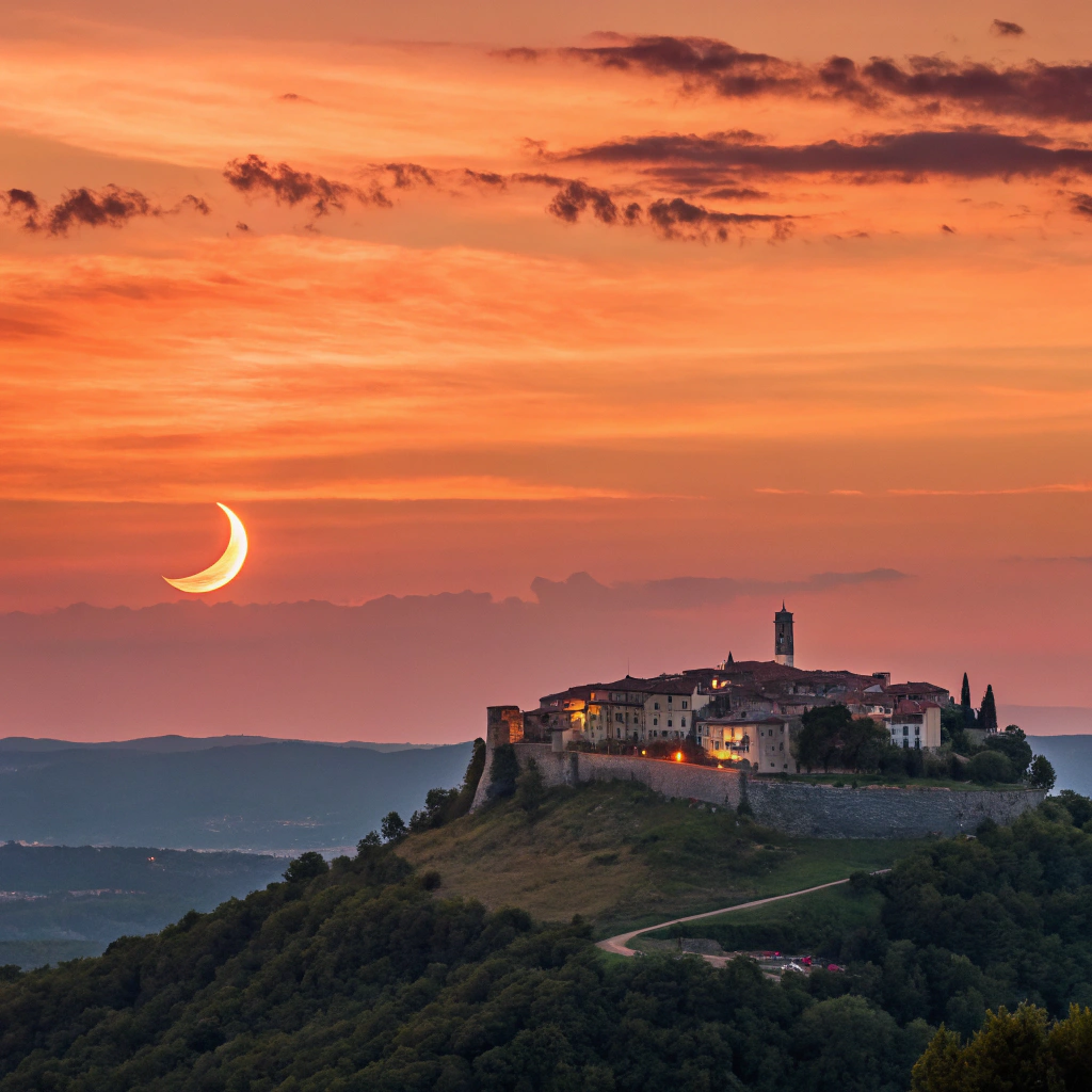 AI generated image by Red Panda AI: a sunset vith the citiy of Motovun, Croatia in a background with moon on a side