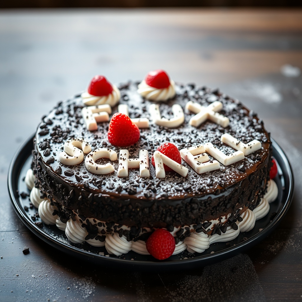 AI generated image by FLUX.1-schnell: black forest gateau cake spelling out the words "FLUX SCHNELL", tasty, food photography, dynamic shot