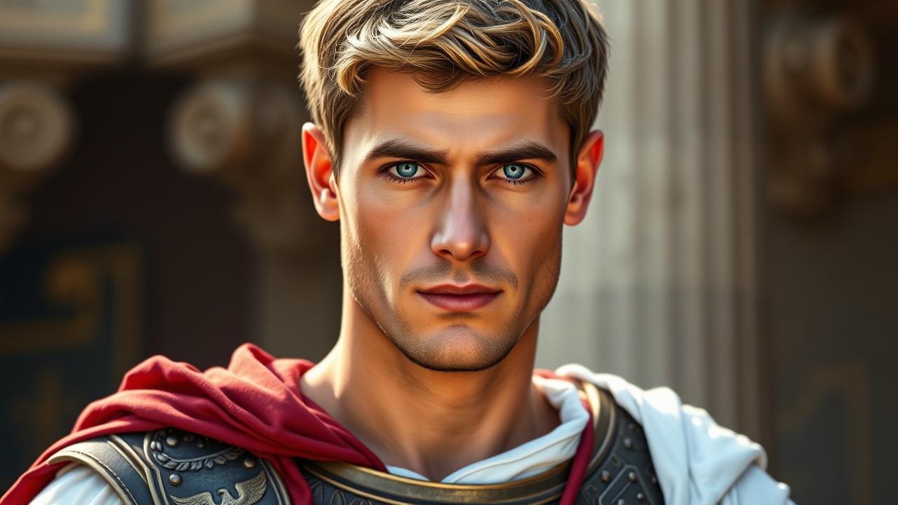 AI generated image by FLUX.1-schnell: Octavian, Roman Emperor, 33 years old, Height: 1.70 m, Build: Slim but athletic, with a rigid and dominant posture. Square and strong jaw, with a cold and impenetrable expression, Small and calculating blue eyes, with a gaze that pierces anyone who challenges him, straight nose and thin eyebrows, giving him an air of superiority, light skin, but tanned by the sun and battles, dark blond hair, short and perfectly combed, with controlled curls, wears a white toga with purple edges, denoting his rank as a Roman general, leather and bronze breastplate in war scenes, with engravings of eagles and Roman gods, red cape, symbol of military command, . Photography, imax, 8K