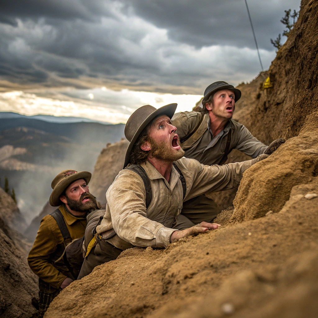 AI generated image by Red Panda AI: gold miners from the 1849 gold rush in America in trouble, gold miners scared, gold miners scared, gold miners falling off a cliff