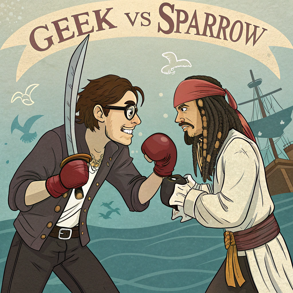 AI generated image by FLUX.1-schnell: a geek wearing glasses in boxing gloves facing off against Jack sparrow holding a cutlass, with the movie title 'Geek VS Sparrow'.
