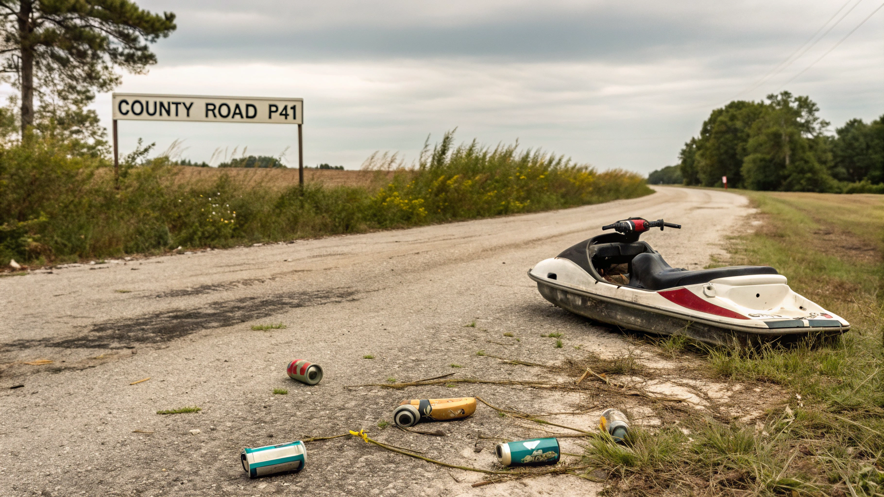 AI generated image by Red Panda AI: Jet Ski dumped on a gravel road, No engine, no key, no name to be told.
Beer cans scattered in the weeds, a sign says "County Road P41"