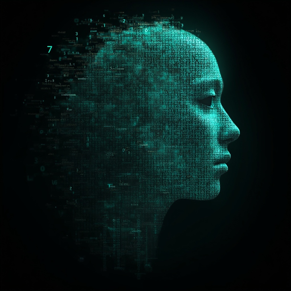AI generated image by FLUX-Realism-Lora: Emmy Noether's face as a digital mask made from thousands of bright turquoise numbers and formulas forming her face. (she has a round, puffy face is 45 years old and has long hair which is made into a plait) The formulas and numbers fly behind the mask leaving a trail of complexity. The mask is floating dynamically in mid air. Her head is slightly turned to the right but her eyes are looking directly into the camera. The mask is on a black background. Like a png with black only background. Photo realistic, sci-fy