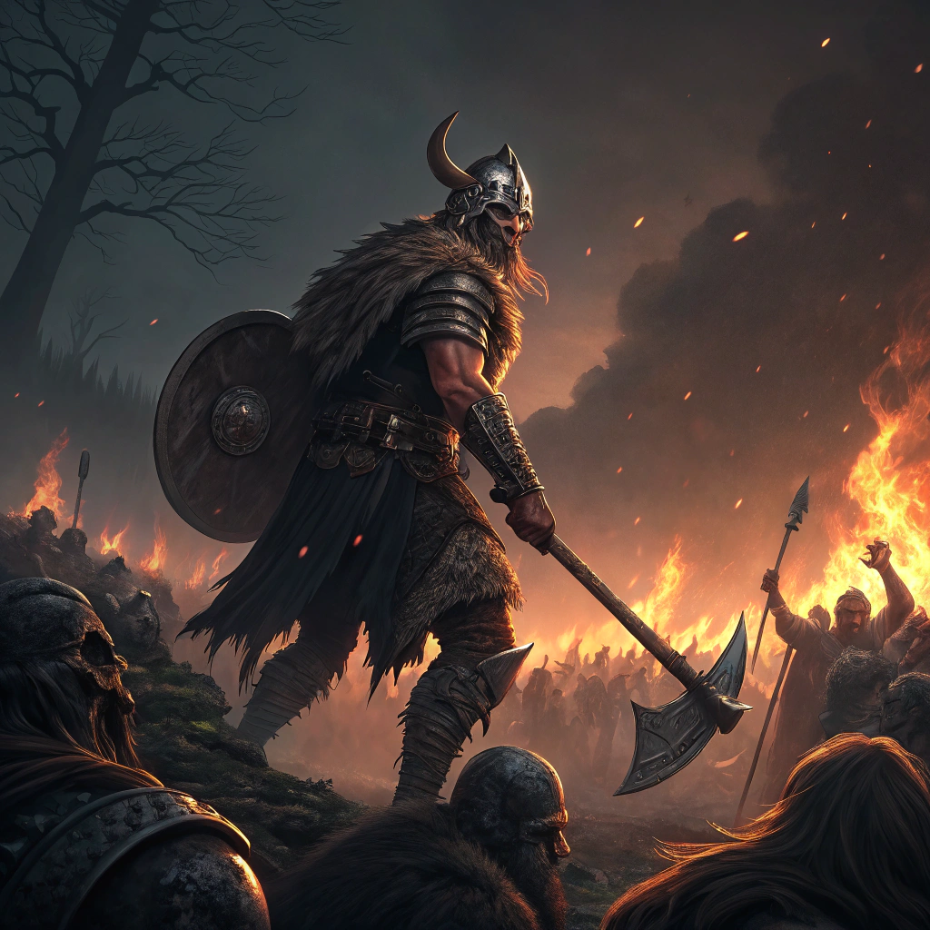 AI generated image by Red Panda AI: poderoso guerrero vikingo peleando con zombies nordicos en el infierno