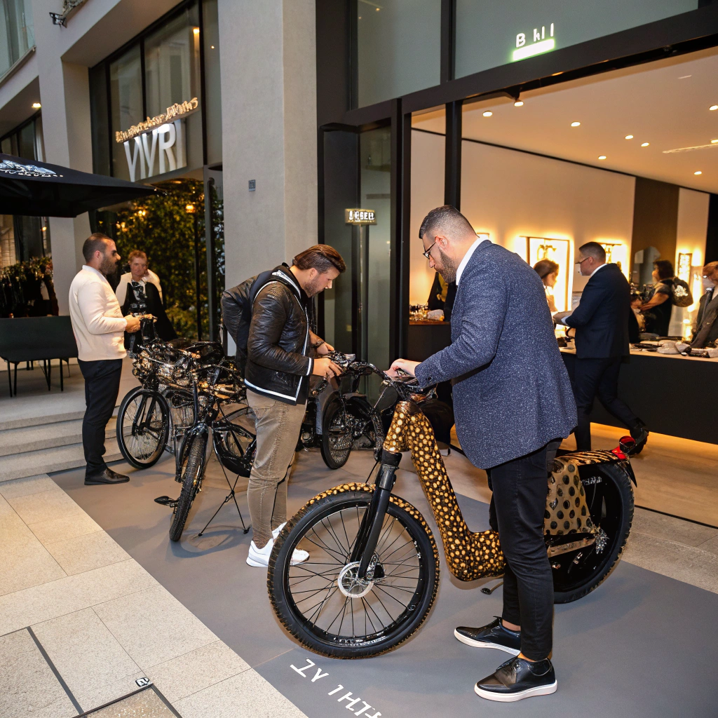 AI generated image by Red Panda AI: 
Create an image of an exclusive VIP customization event for luxury e-bike owners. All of the invitees have their customized ebike with them. One of the customers have a leopard patterned customized ebike. The setting is a sophisticated showroom outside. The space is filled with e-bike owners interacting with designers and exploring new limited-edition features like unique patterns, colors, and custom accessories. A designer is shown working with a customer to apply personalized details to their bike. The atmosphere is upscale, lively, and engaging, emphasizing the exclusivity and luxury of the event. Include subtle branding elements in the background to indicate it is a branded event.