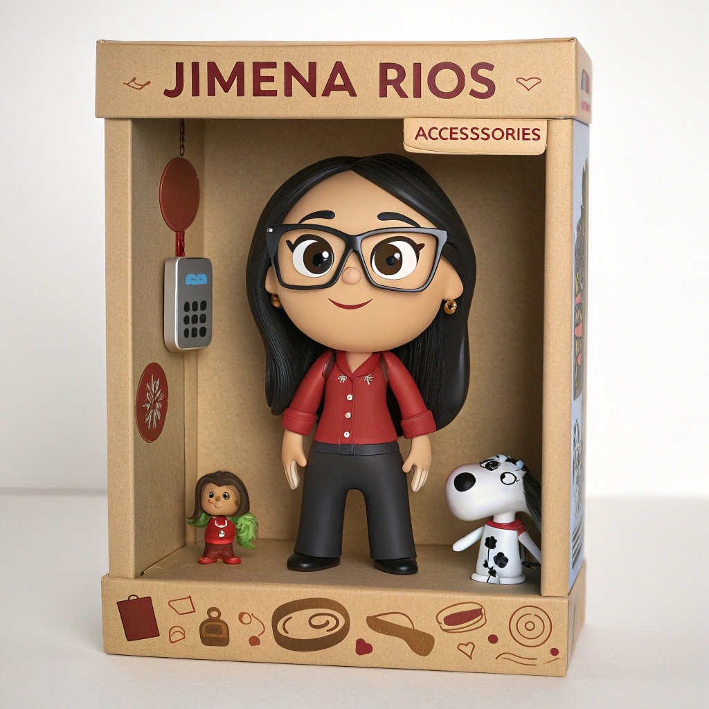 AI generated image by Red Panda AI: "A 3D-rendered action figure in a cartoon style inside a cardboard and plastic toy box. The character is a 21-year-old woman with long black hair, wearing glasses and with dark brown eyes. She has a slightly chubby face and wears a red blouse; her hands are at her sides. The box features a brown cardboard design with the title 'Jimena Rios' at the top. To the right, there is an 'Accessories' section displaying several small, detailed items: a phone, a balloon-shaped puppy, decorated cookies, a thermos, and a plush cow. The image has a high-quality 3D realistic style with refined lighting and textures, similar to Pixar or premium toy advertisements."
