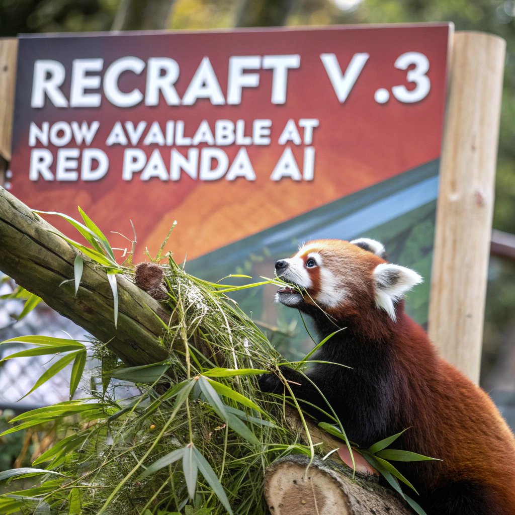 AI generated image by Red Panda AI: a red panda eating a bamboo in front of a poster that says "recraft V3 now available at red panda ai