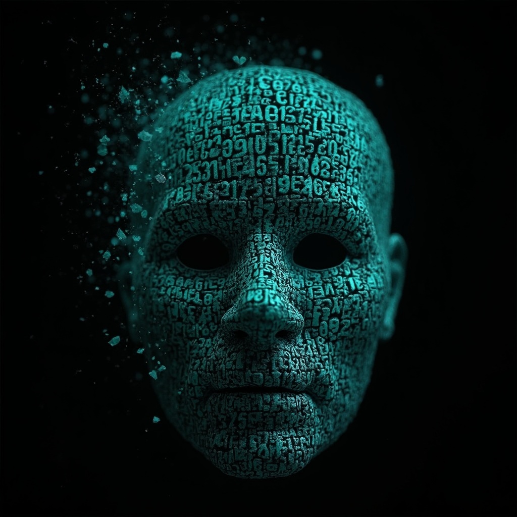 AI generated image by FLUX-Realism-Lora: Emmy Noether's face as a digital mask made from thousands of bright turquoise numbers and formulas forming his face. the formulas and numbers fly behind the mask leaving a trail of complexity. the mask is floating dynamically in mid air. his head is turned to the right but his eyes are looking directly into the camera. the mask is on a black background.  like a png with black only background. photo realistic, sci-fy