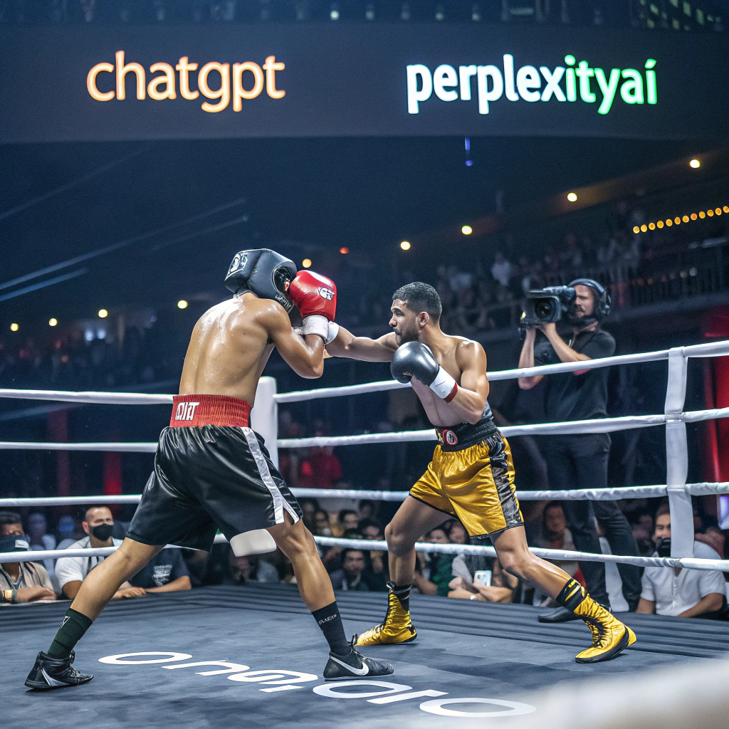 AI generated image by Recraft V3: An image of "ChatGPT" and "PerplexityAI" boxing in a ring