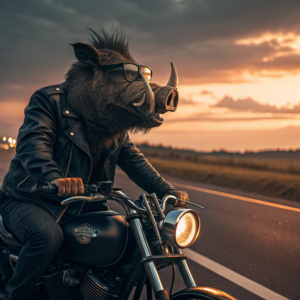 AI generated image by Red Panda AI: Un jabalí humanoide con colmillos grandes, lentes y una chamarra de piel negra a bordo de una motocicleta chopper manejando por una carretera y de fondo el sol en un atardecer