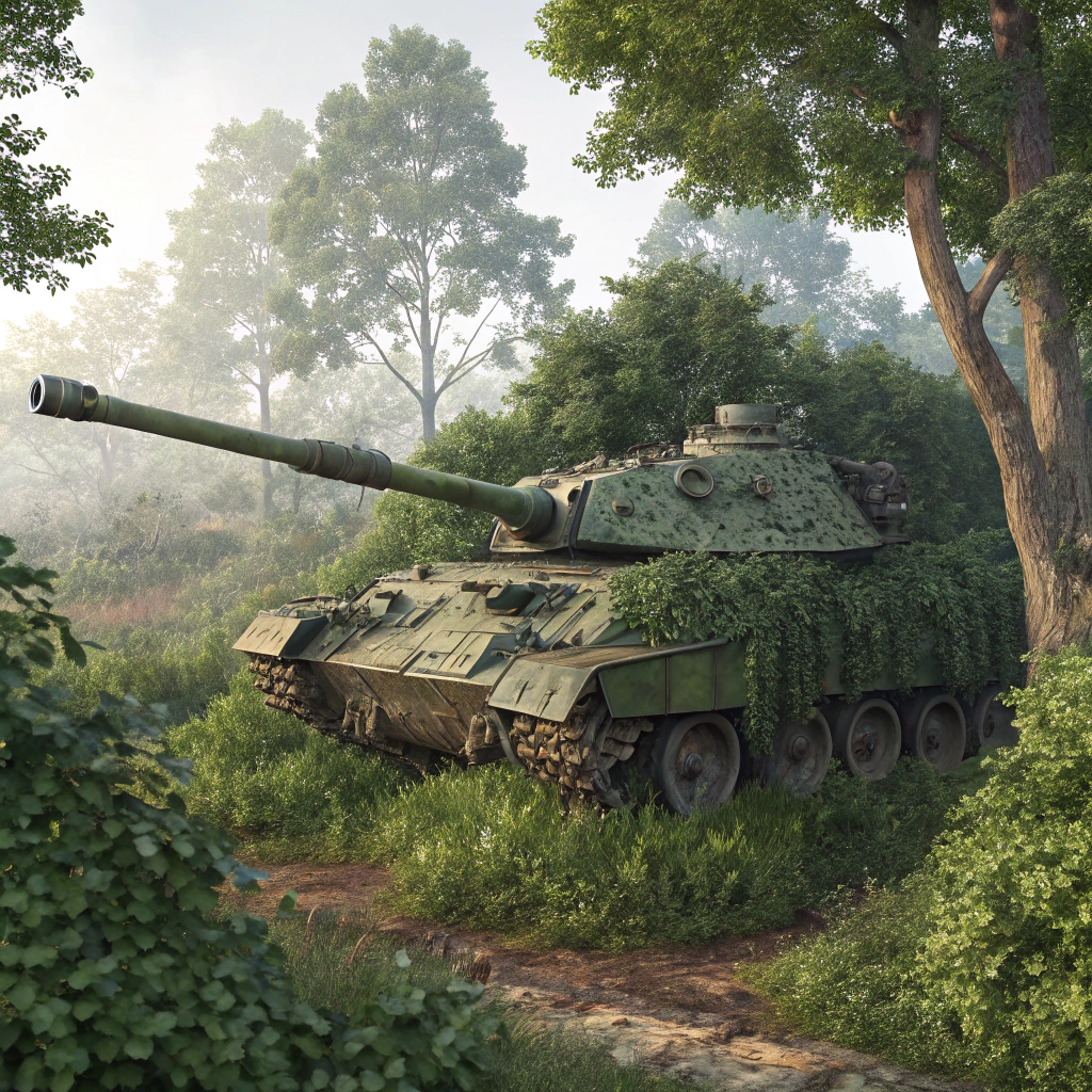 AI generated image by Red Panda AI: North Korean M-2020 tank hidden by bushes
