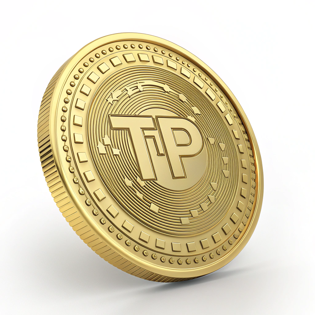 AI generated image by Red Panda AI: A gold crypto currency coin with TP stamped on it.