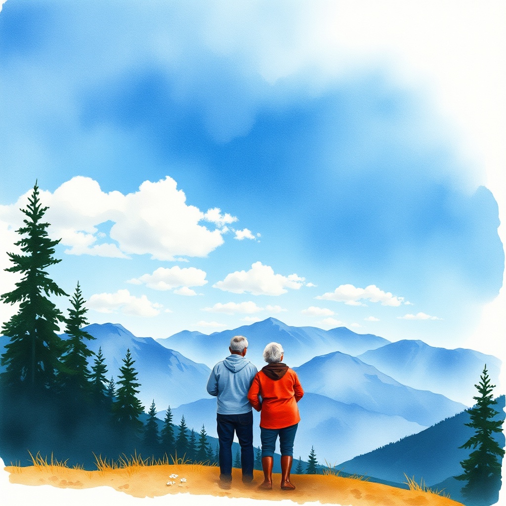 AI generated image by FLUX.1-schnell: watercolor aquarelle landscape mountain background; senior couple silhouette looking at the blue sky above with clouds 