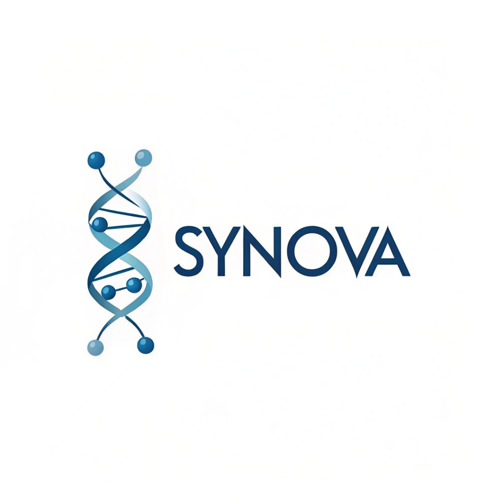 AI generated image by Red Panda AI: Create a minimalist and professional logo for the biotechnology company "Synova". The logo should convey simplicity, precision, and modernity, suitable for medical, personal care, and biotechnology sectors. Use a clean, sans-serif font for the brand name "Synova", combined with a sleek abstract icon inspired by collagen triple helix structures or molecular peptide bonds. Preferred color scheme: soft blue, silver, or monochrome palette. Ensure high readability, elegance, and balanced visual composition. White or transparent background.

