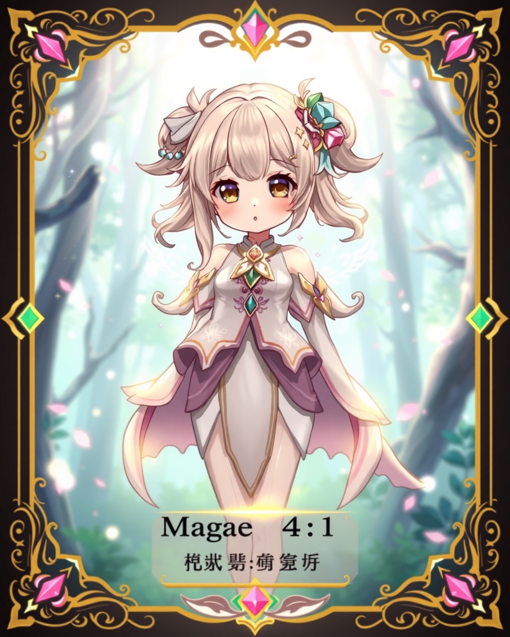 AI generated image by FLUX.1-schnell: an anime character trading card of a cute magical girl, full body portrait, centered composition, balanced framing, character clearly visible from head to toe, wearing elegant fantasy outfit with glowing magical details, detailed face, soft expressive eyes,

standing in a dreamy magical forest with floating particles, soft light rays, magical atmosphere,

trading card design, RPG game UI interface, decorative ornate frame, gold and pink rarity border, nameplate at bottom, character stats panel (HP, ATK, DEF), rarity icon shining, collectible card layout, clean readable UI,

cinematic lighting, soft bloom, depth of field, ultra detailed illustration, high quality, masterpiece, sharp focus,

--ar 4:5