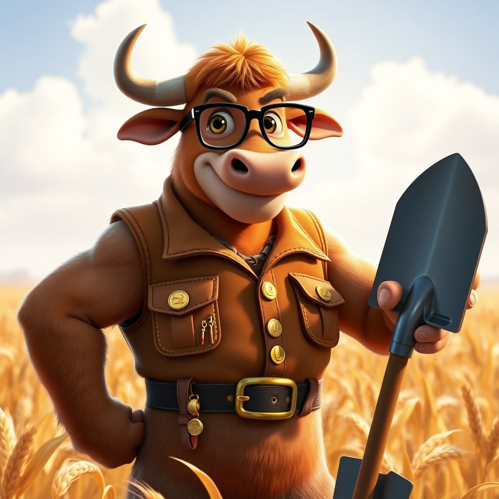 AI generated image by FLUX.1-schnell: A Pixar-style cartoon character named Pete the Ox, a strong and confident ox with a muscular build and a youthful middle-aged vibe, standing tall with an optimistic grin, exuding bravery and determination. His fur is warm brown with subtle highlights, eyes sparkling with ambition, wearing black-rimmed glasses for a mature look. He wears a practical yet stylish work vest made of golden-brown leather, embroidered with gold coin patterns, pockets trimmed with gold thread, a gold-buckled belt around the waist with a coin-filled pouch hanging, and gold rings decorating his horns. He holds a shovel in a dynamic pose, symbolizing hard work and wealth pursuit. Set against a backdrop of a golden wheat field under bright sunlight with shimmering wheat, clear sky, vibrant colors, detailed textures, cinematic lighting, avoiding overly childish features.