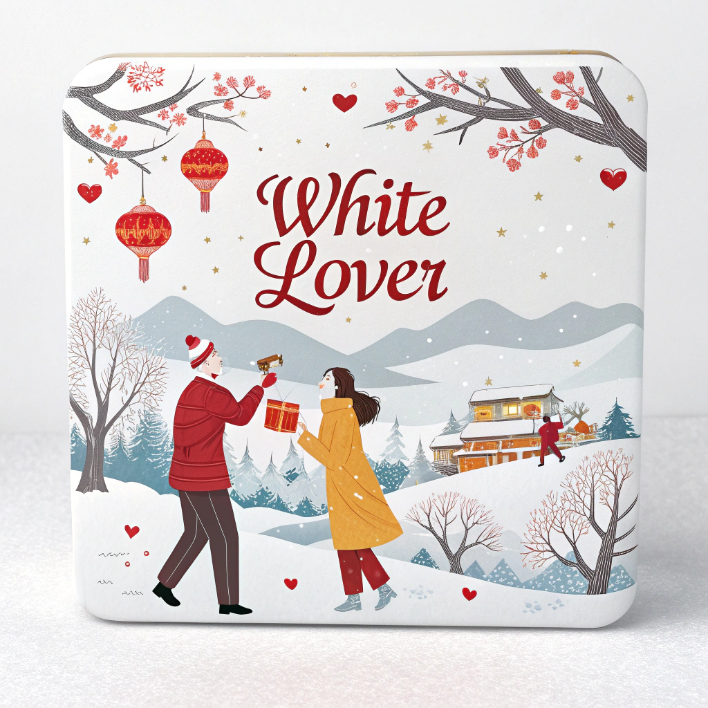 AI generated image by Red Panda AI: Design a square-shaped candy box front cover with a “White Lover” theme, featuring a winter scene blended with Chinese New Year elements. The primary colors should be white and red, symbolizing snow and the festive spirit of the Lunar New Year. The background showcases a snowy village decorated with red lanterns, blooming plum blossoms, and vibrant fireworks in the distance, creating a joyful holiday atmosphere. In the center, depict a couple dressed in winter clothing (e.g., red scarf and warm coats), with the man presenting a festive candy gift box to the woman, adding a touch of storytelling and warmth. The foreground includes intricate details of snowflakes and plum blossom branches, while the background features snow-covered mountains and a festive village. Use elegant fonts with a Chinese paper-cut style for the text “White Lover,” with a red and gold color scheme, accompanied by traditional New Year decorative patterns, conveying a luxurious and celebratory vibe.