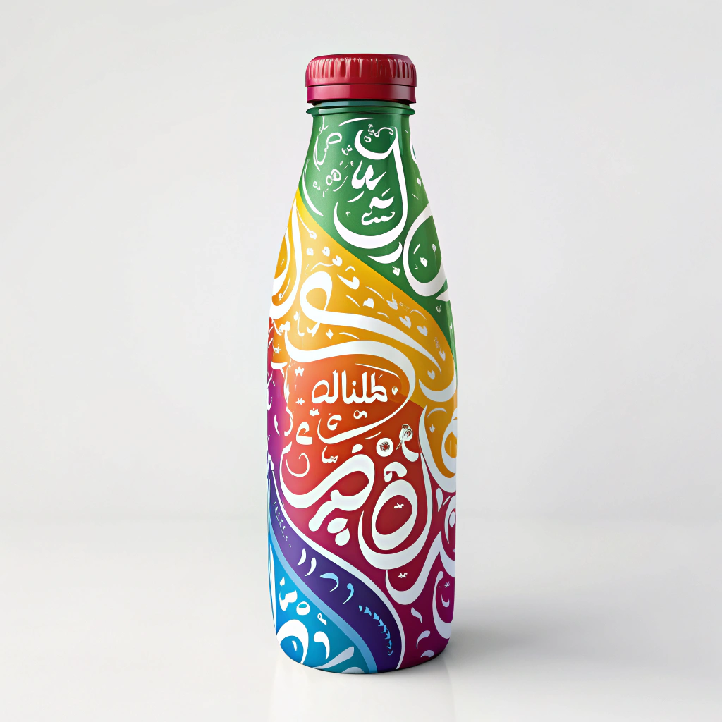 AI generated image by Red Panda AI: generate powerfull picture for bottle of colorful milk with calligraffiti arabic style, 