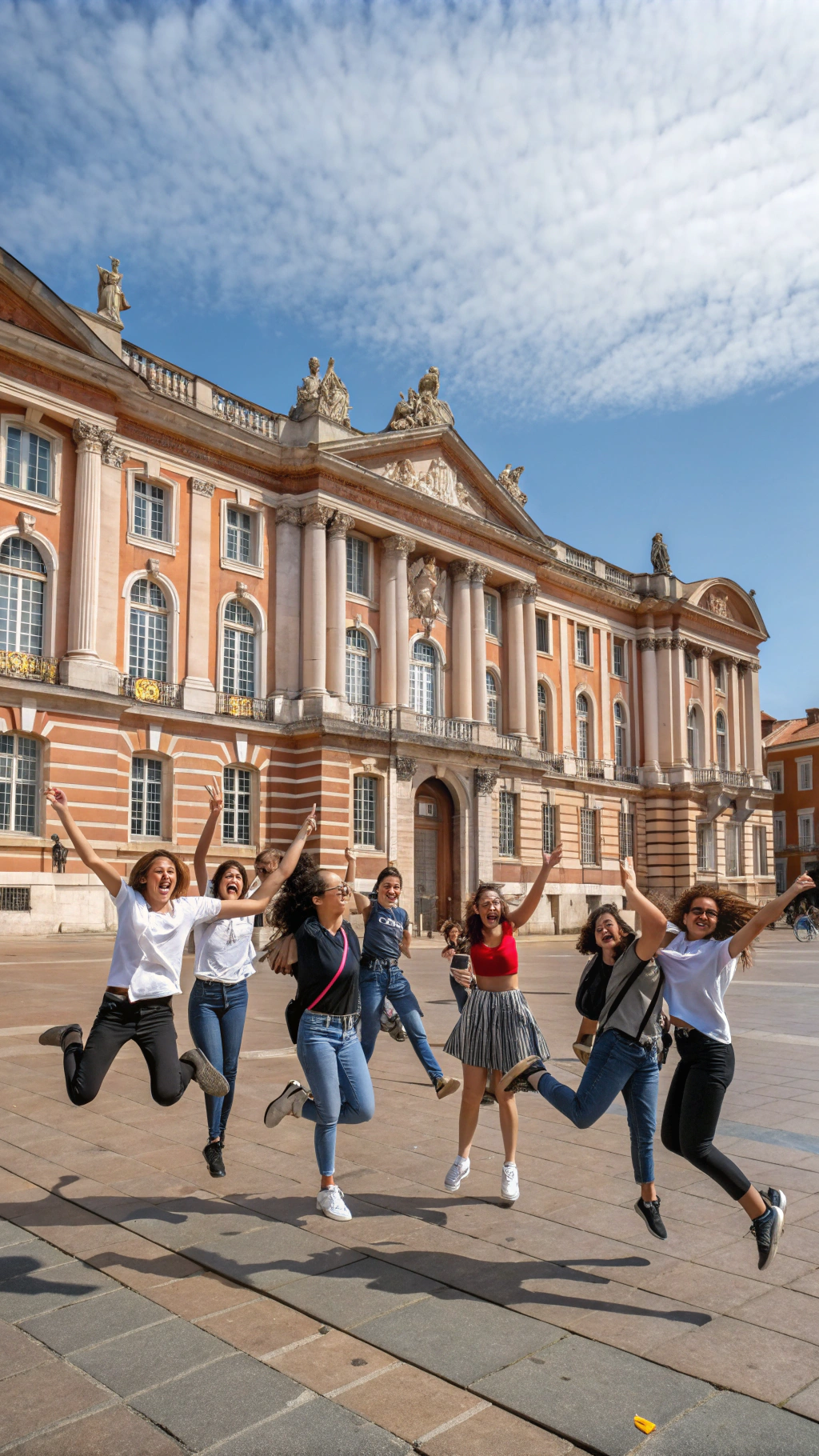 AI generated image by Red Panda AI: Ten diverse students from TBS Education, all around 25 years old and from different parts of the world, jumping in unison at the center of Place du Capitole in Toulouse. The photo captures them mid-air, giving the effect of floating above the ground. In the bright, sunny weather, the iconic Capitole building with its historic pink-brick facade is clearly visible in the background, emphasizing the unique character of Toulouse. The students are dressed casually, radiating energy, joy, and a sense of unity as they share this lively moment together in the heart of the city.