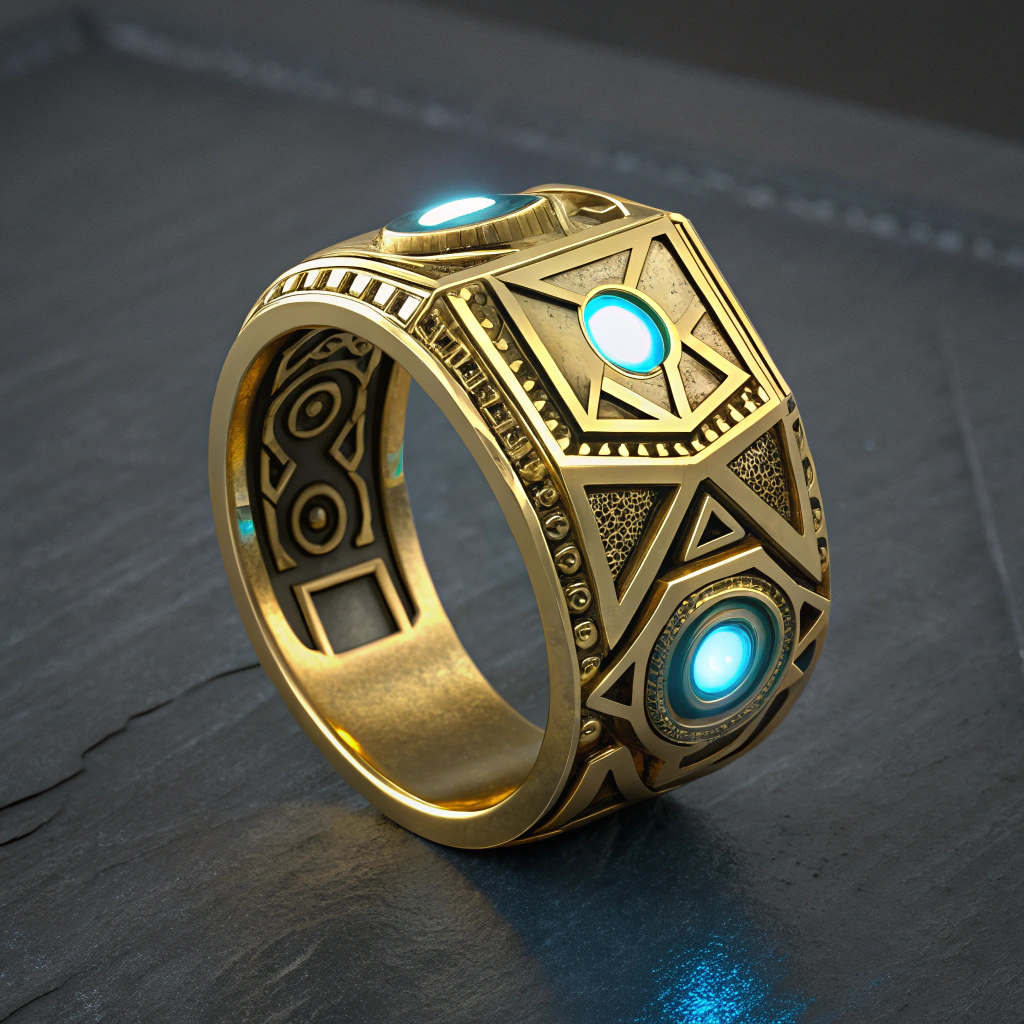 AI generated image by Red Panda AI: a ring that looks cyberpunk style, gold
